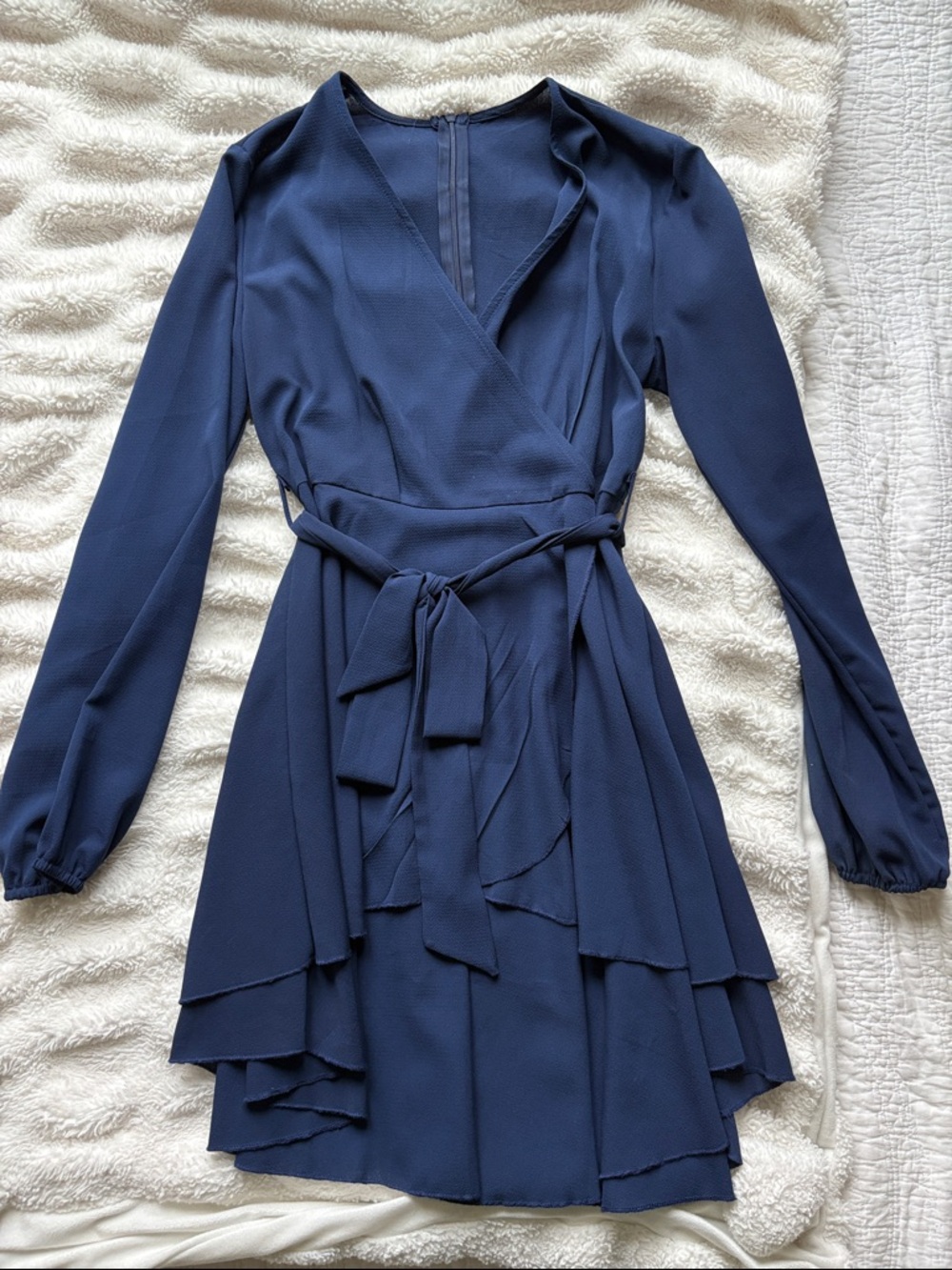 Navy Long-Sleeve Wrap Dress with Tie Waist